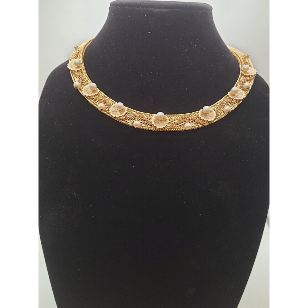 Rare Vintage Signed Hobe Choker, Pearls Rhinestones And Lily Pads, Perfect